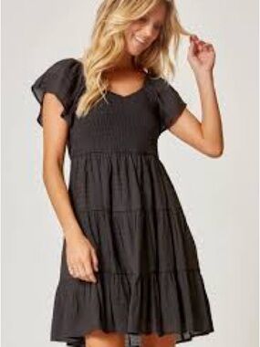 Andree Black Short Flutter Sleeve Smocked Tiered Dress